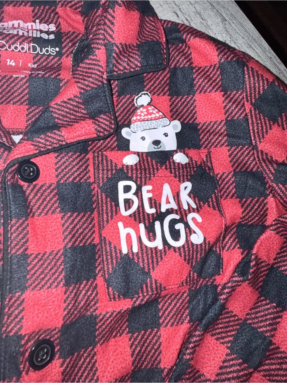 Cuddl Duds Red & Black Buffalo Plaid 'Bear Hugs' Kids Pajama Set. Size 14